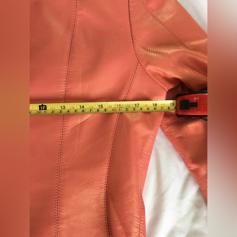EUC Cache gorgeous iridescent coral lightweight zip up lined leather jacket. - Picture 9 of 12